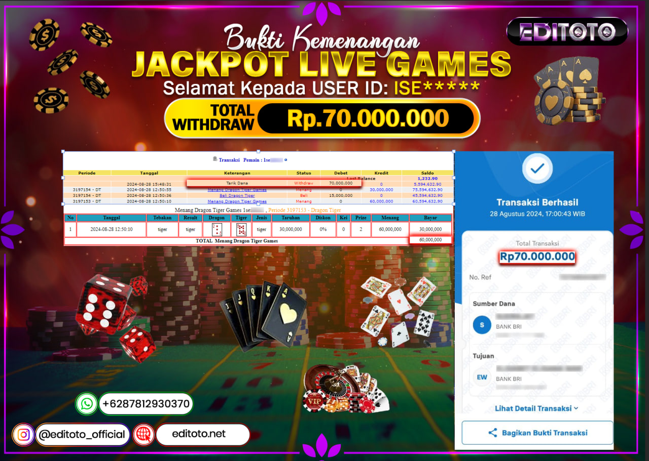 JACKPOT LIVE GAME DRAGON TIGER Rp.70.000.000.,- LUNAS