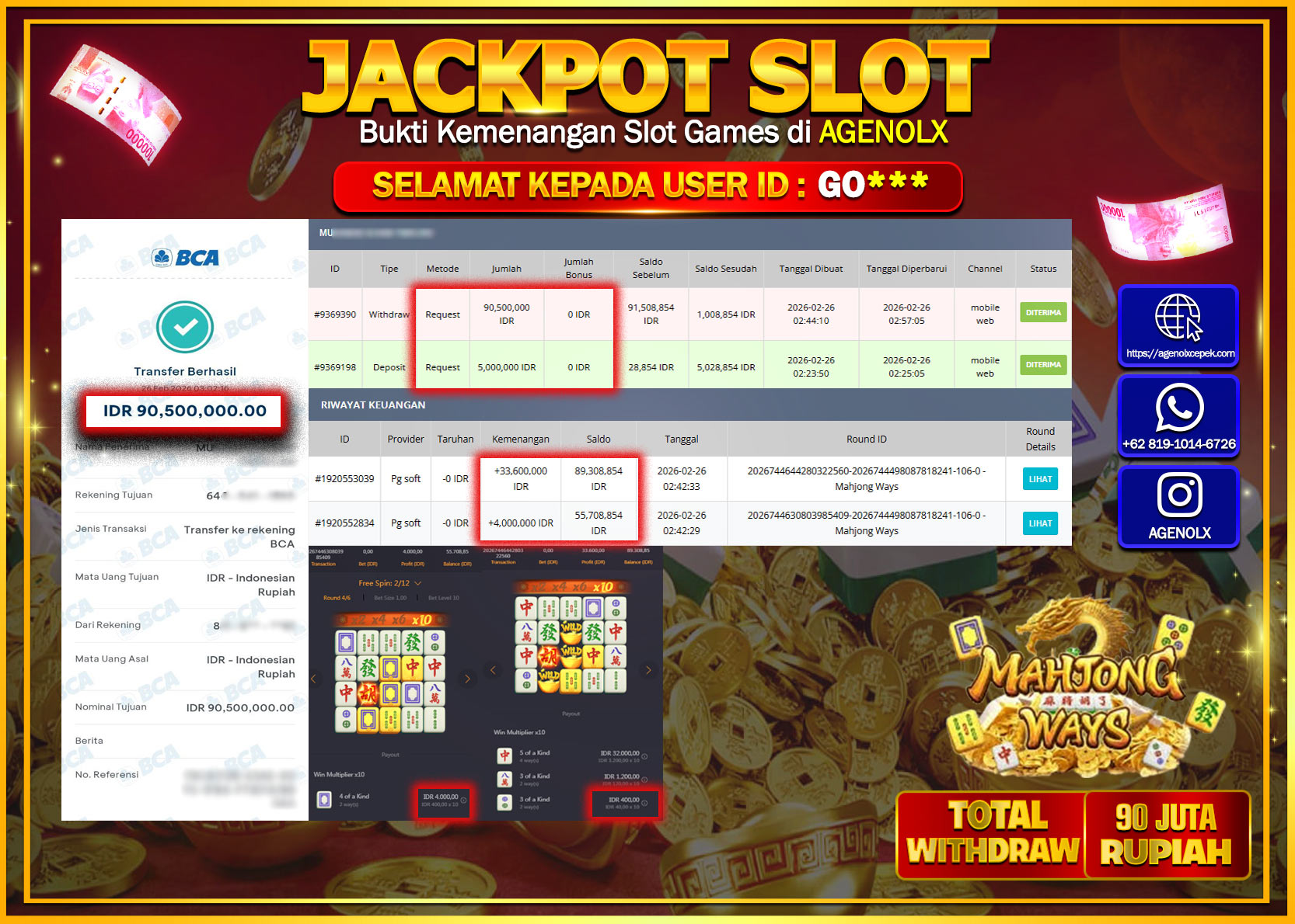 AGENOLX JACKPOT SLOT MAHJONG WAYS  Rp 90.500.000 - LUNAS