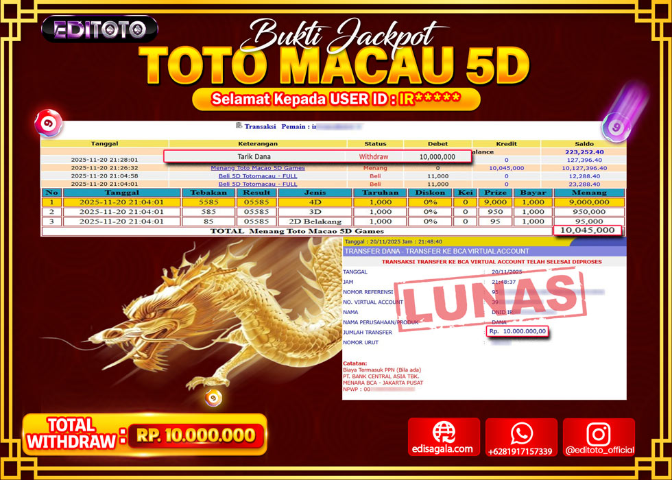 JACKPOT EDITOTO TOGEL PASARAN TOTO MACAU 5D Rp.10.000.000.,- LUNAS 