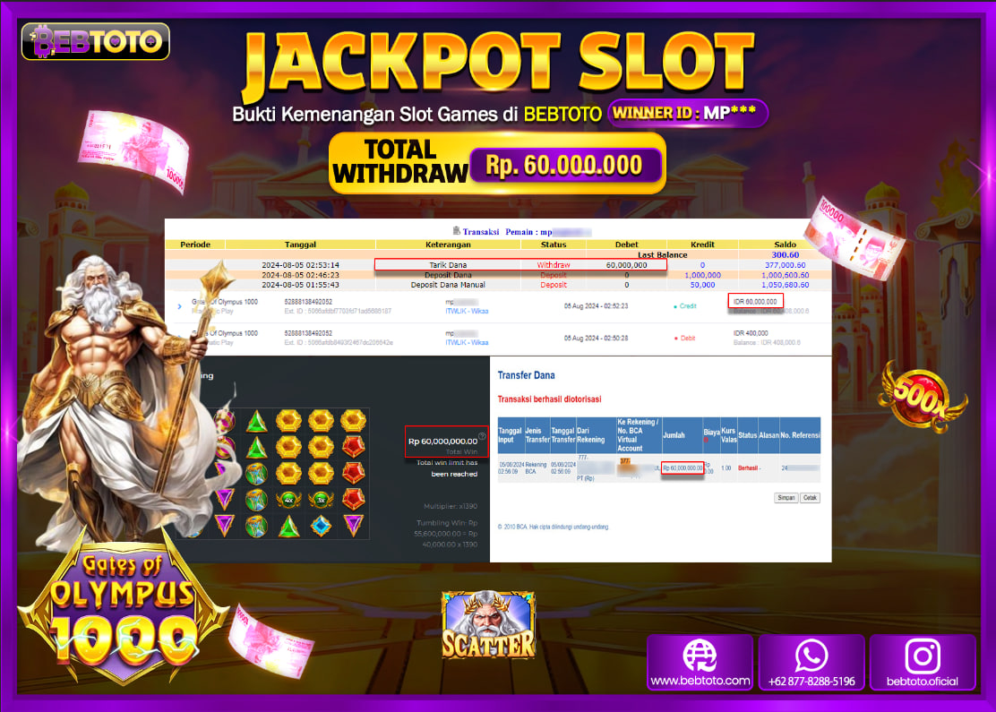 JACKPOT SLOT BEBTOTO Gates Of Olympus 1000 Rp.60.000.000.,- LUNAS