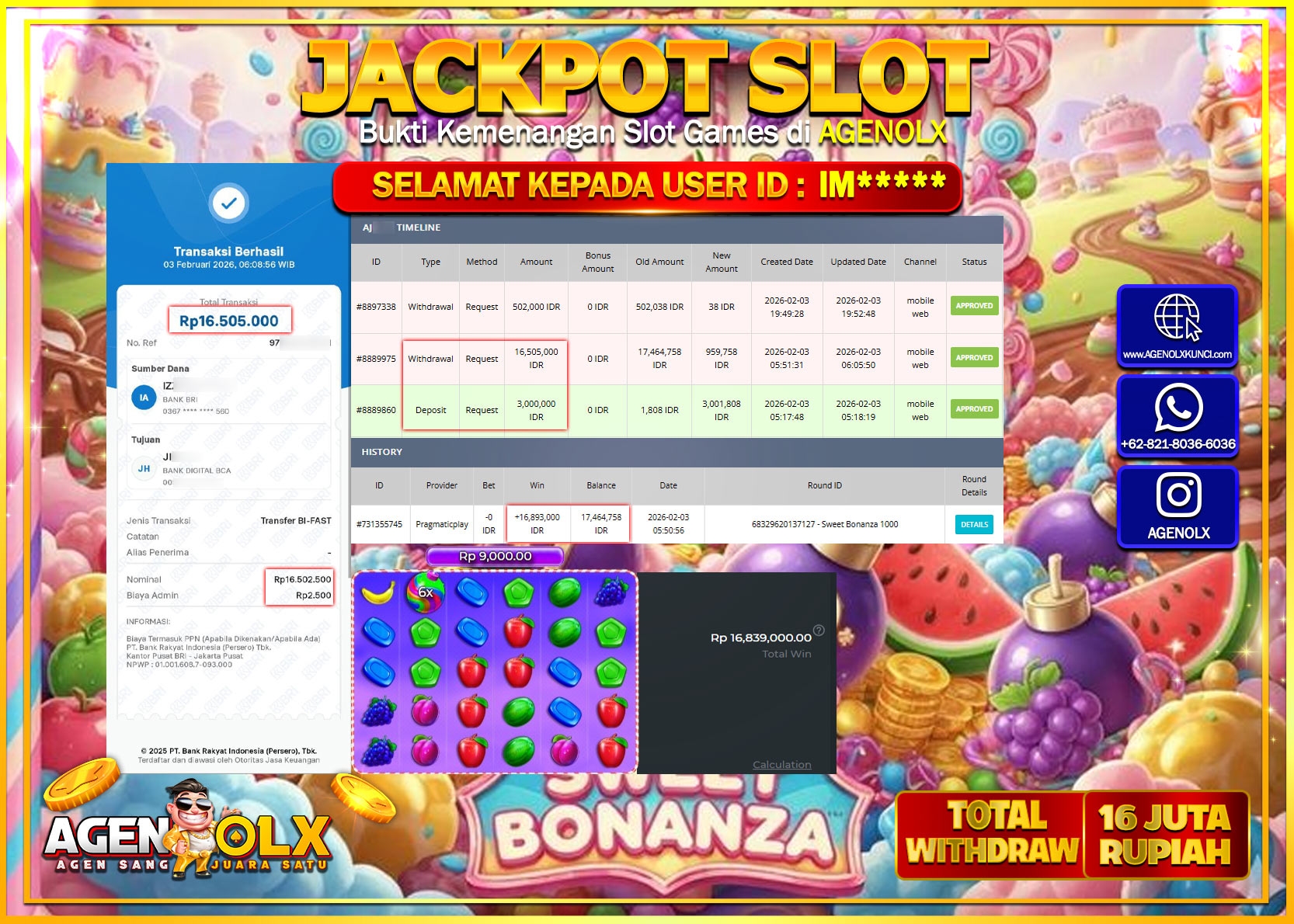 AGENOLX JACKPOT SLOT SWEET BONANZA 1000 Rp 16.505.000 - LUNAS