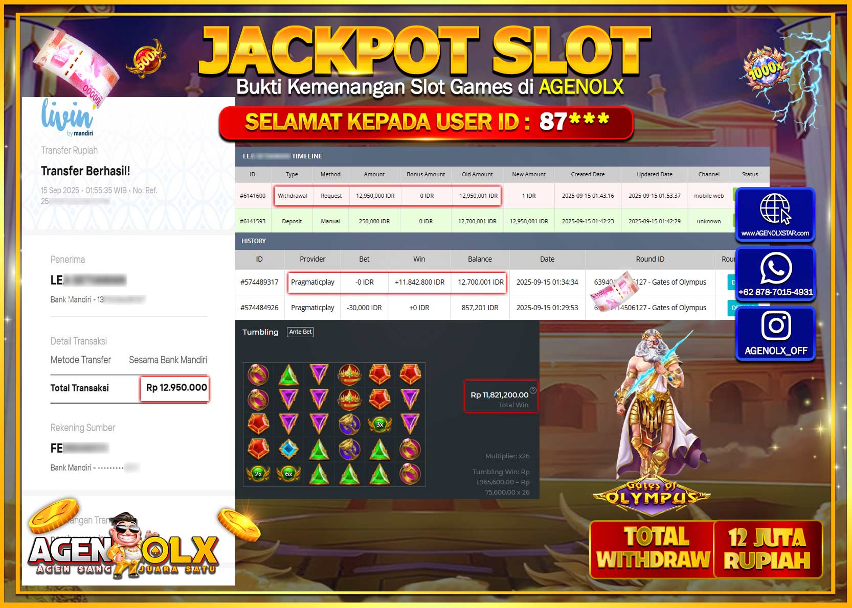 AGENOLX JACKPOT  SLOT GATES OF OLYMPUS Rp 12,950,000,- LUNAS
