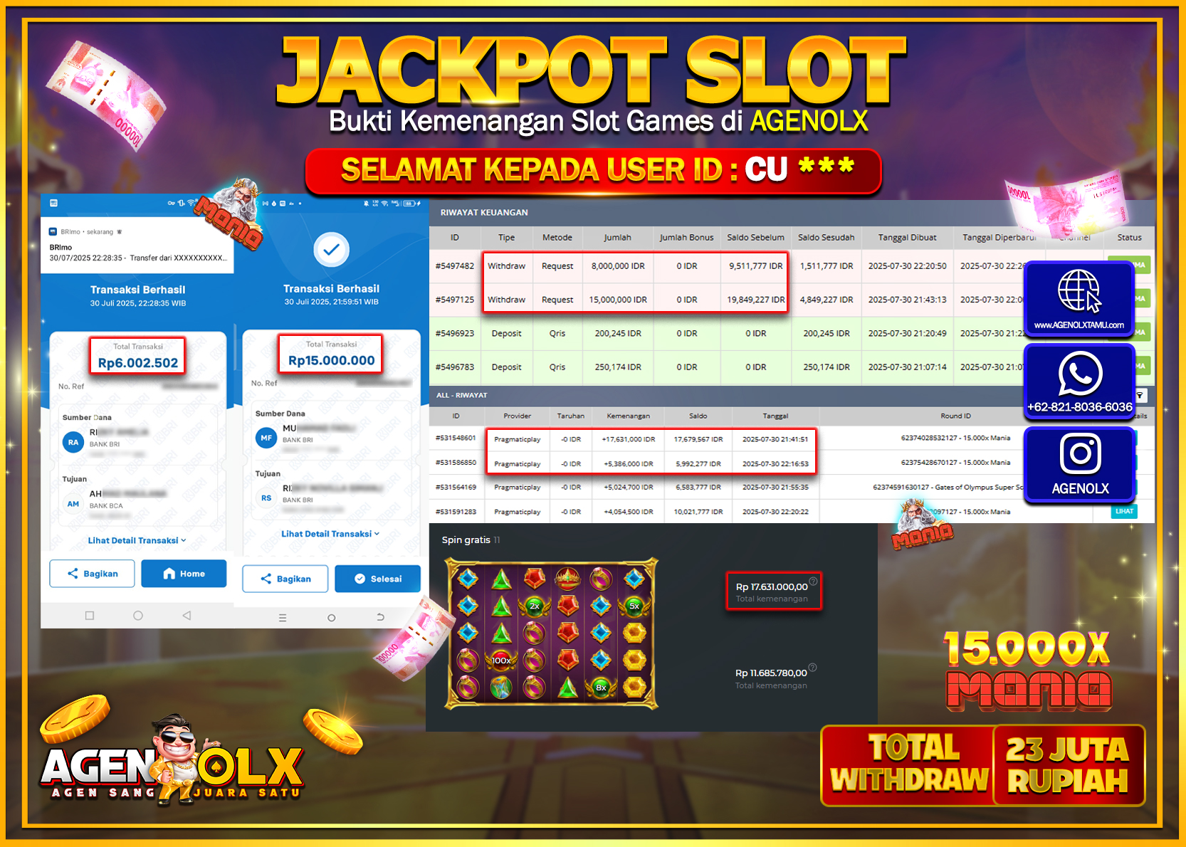 AGENOLX JACKPOT SLOT 15,000X MANIA Rp 23.000.000,- LUNAS