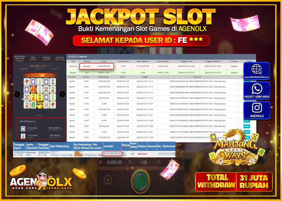 AGENOLX JACKPOT SLOT MAHJONG WAYS Rp.31.000.000,- LUNAS