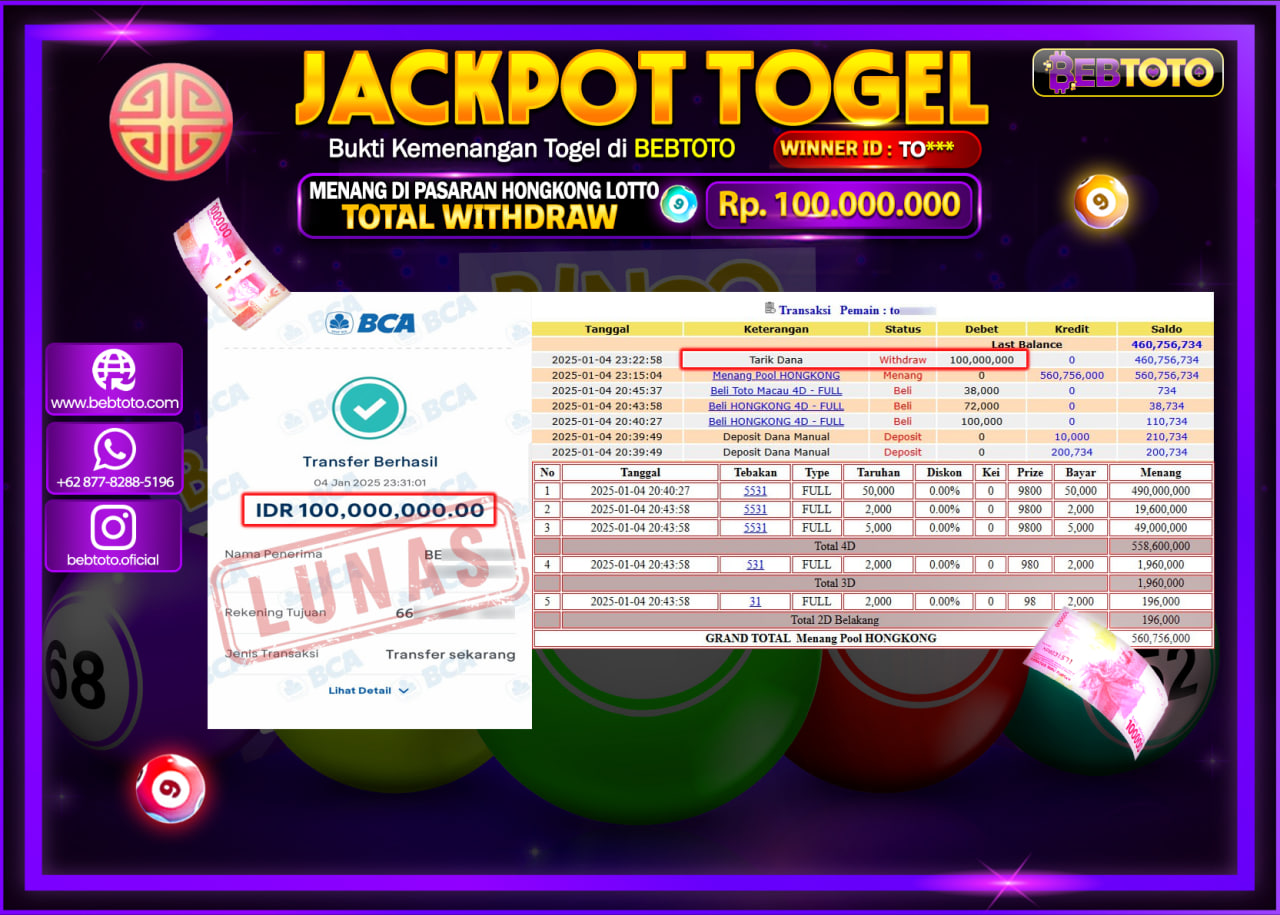 JACKPOT TOGEL BEBTOTO HONGKONG LOTTO Rp.100.000.000.,- LUNAS