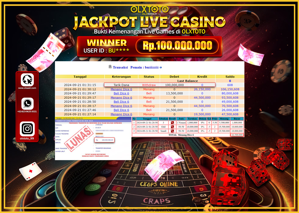 OLXTOTO JACKPOT  LIVE GAMES DICE 6 Rp.100.000.000.,- LUNAS