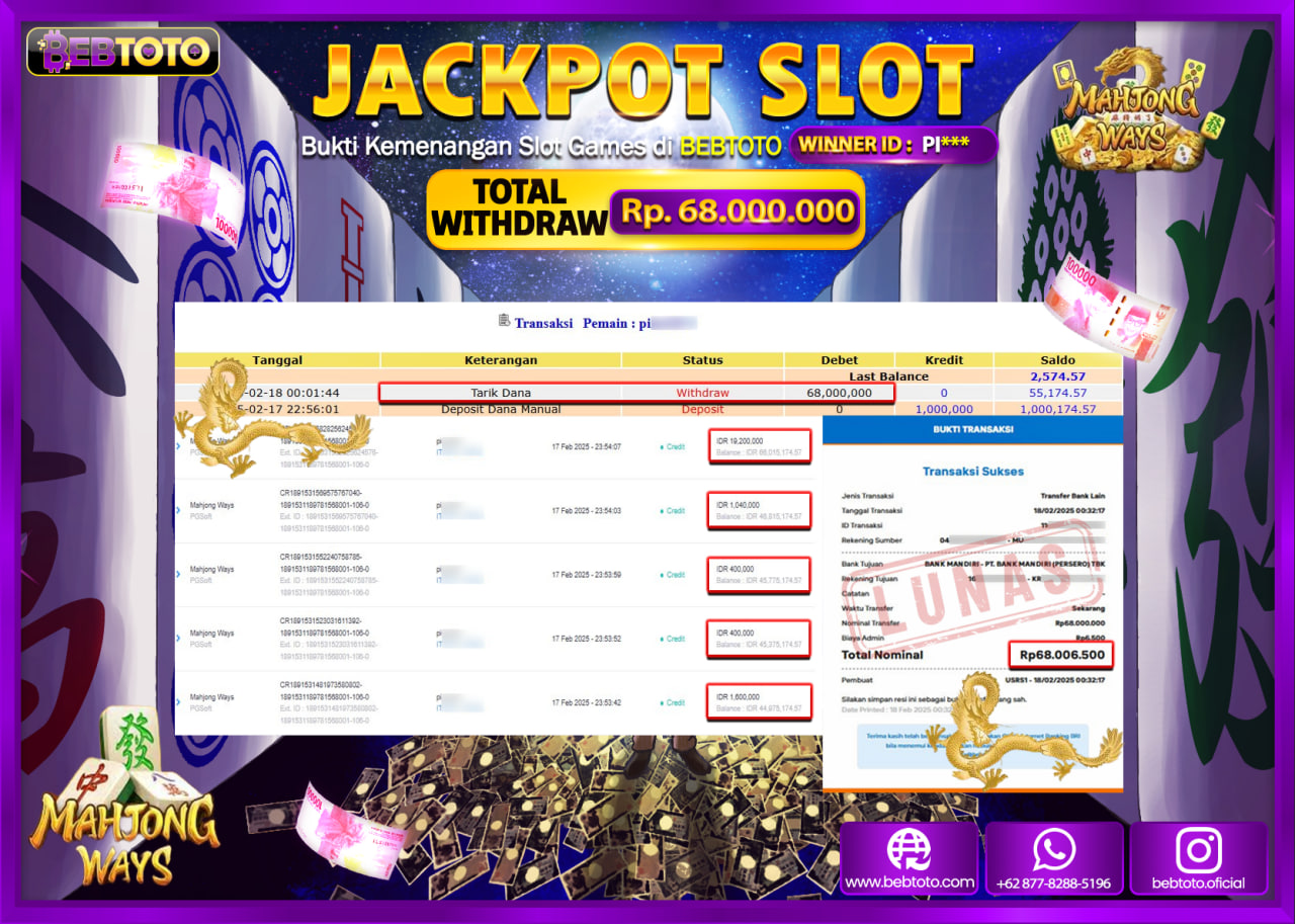 JACKPOT SLOT BEBTOTO MAHJONG WAYS Rp.68.000.000.,- LUNAS