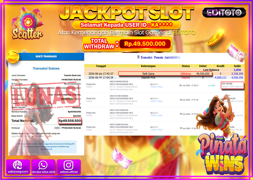 JACKPOT EDITOTO SLOT PINATA WINS Rp.49.500.000,- LUNAS