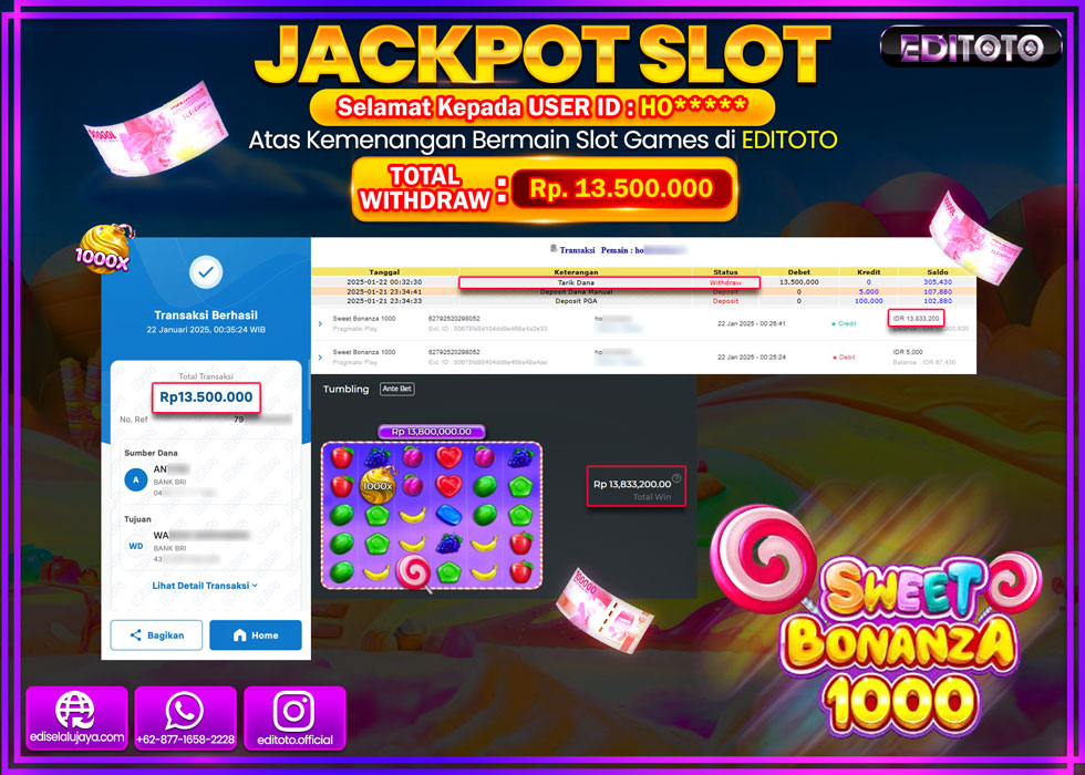 JACKPOT SLOT SWEET BONANZA 1000  Rp.13.500.000.,- LUNAS