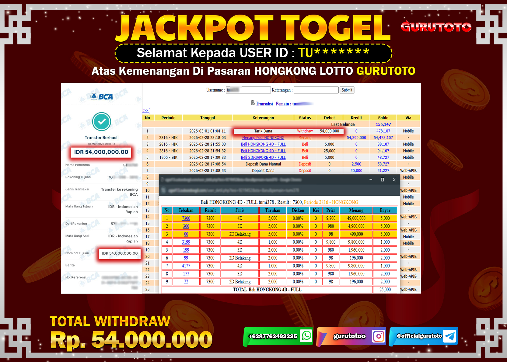 Bukti Kemenangan Rp 54.000.000 JACKPOT HONGKONG LOTTO  di GURUTOTO !