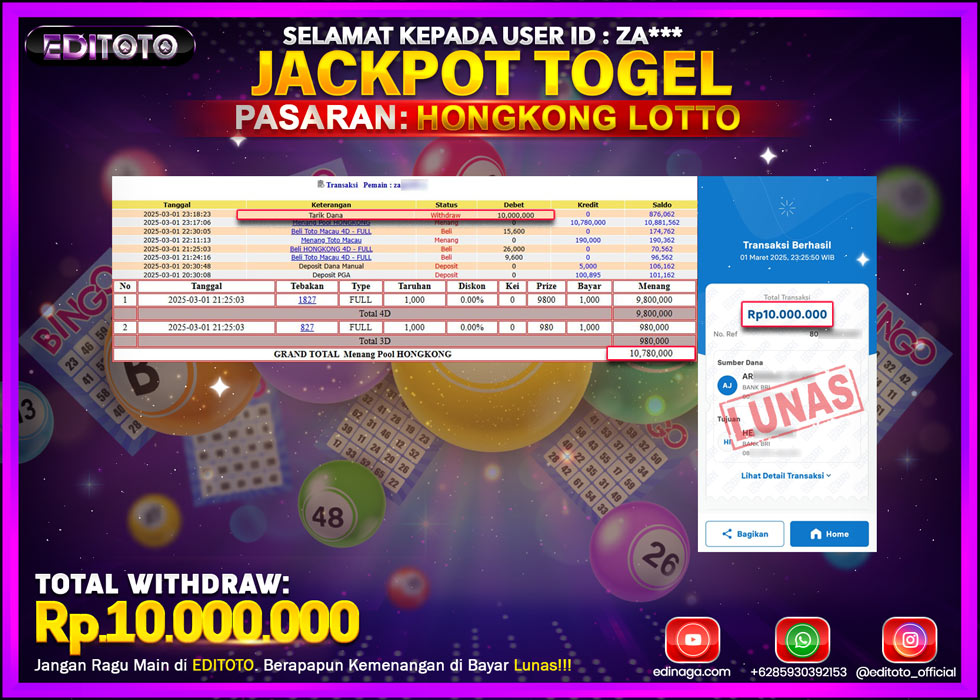 JACKPOT TOGEL PASARAN HONGKONG LOTTO Rp.10.000.000.,- LUNAS