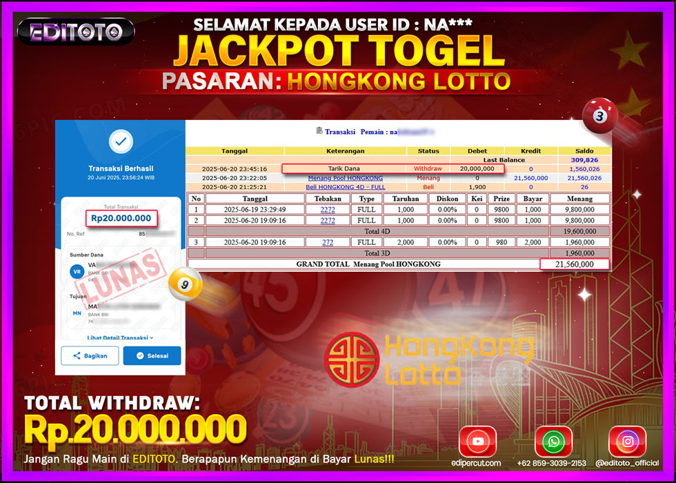 JACKPOT EDITOTO TOGEL PASARAN HONGKONG LOTTO Rp.20.000.000.,- LUNAS