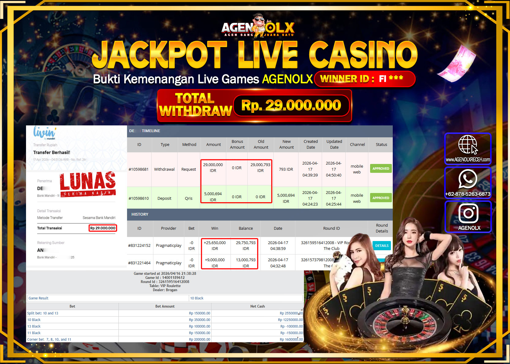 AGENOLX JACKPOT LIVE CASINO ROULETTE Rp 29.000.000 - LUNAS