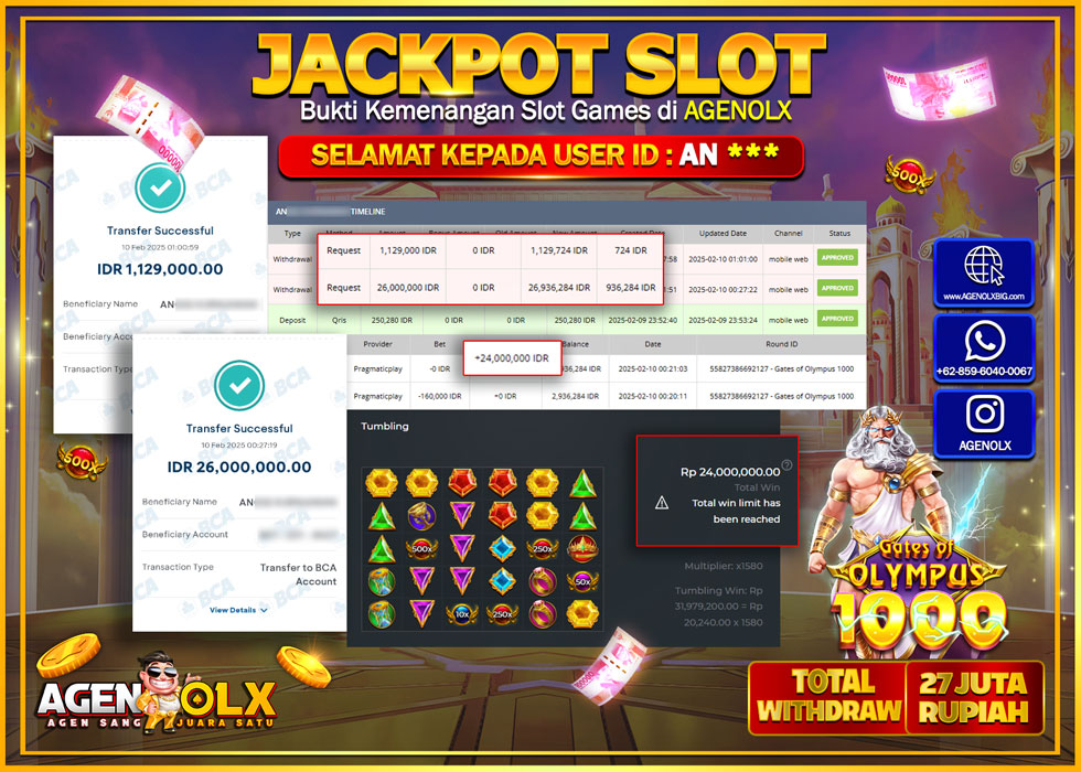 AGENOLX JACKPOT SLOT GATES OF OLYMPUS 1000  Rp 27.000.000,- LUNAS