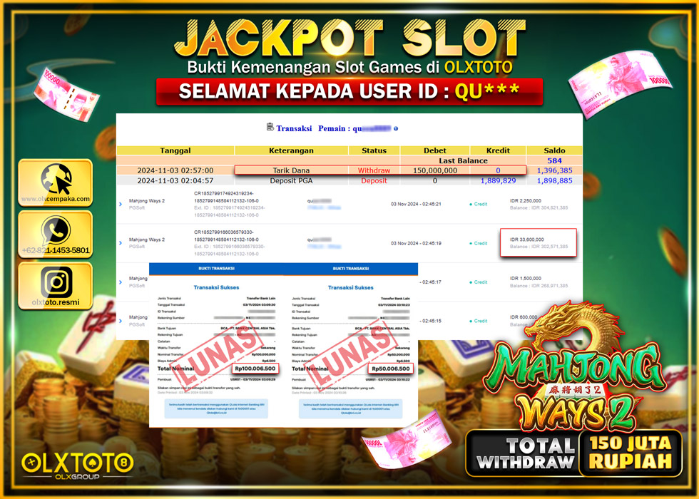 OLXTOTO JACKPOT  SLOT MAHJONG WAYS 2  Rp.150.000.000.,- LUNAS
