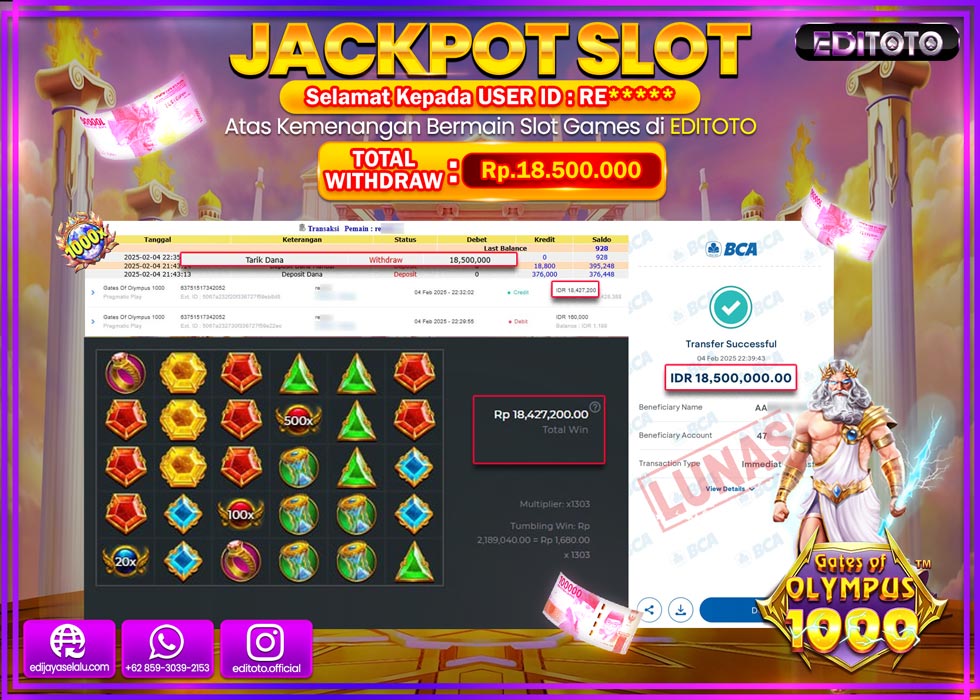 JACKPOT SLOT GATES OF OLYMPUS 1000  Rp.18.500.000.,- LUNAS