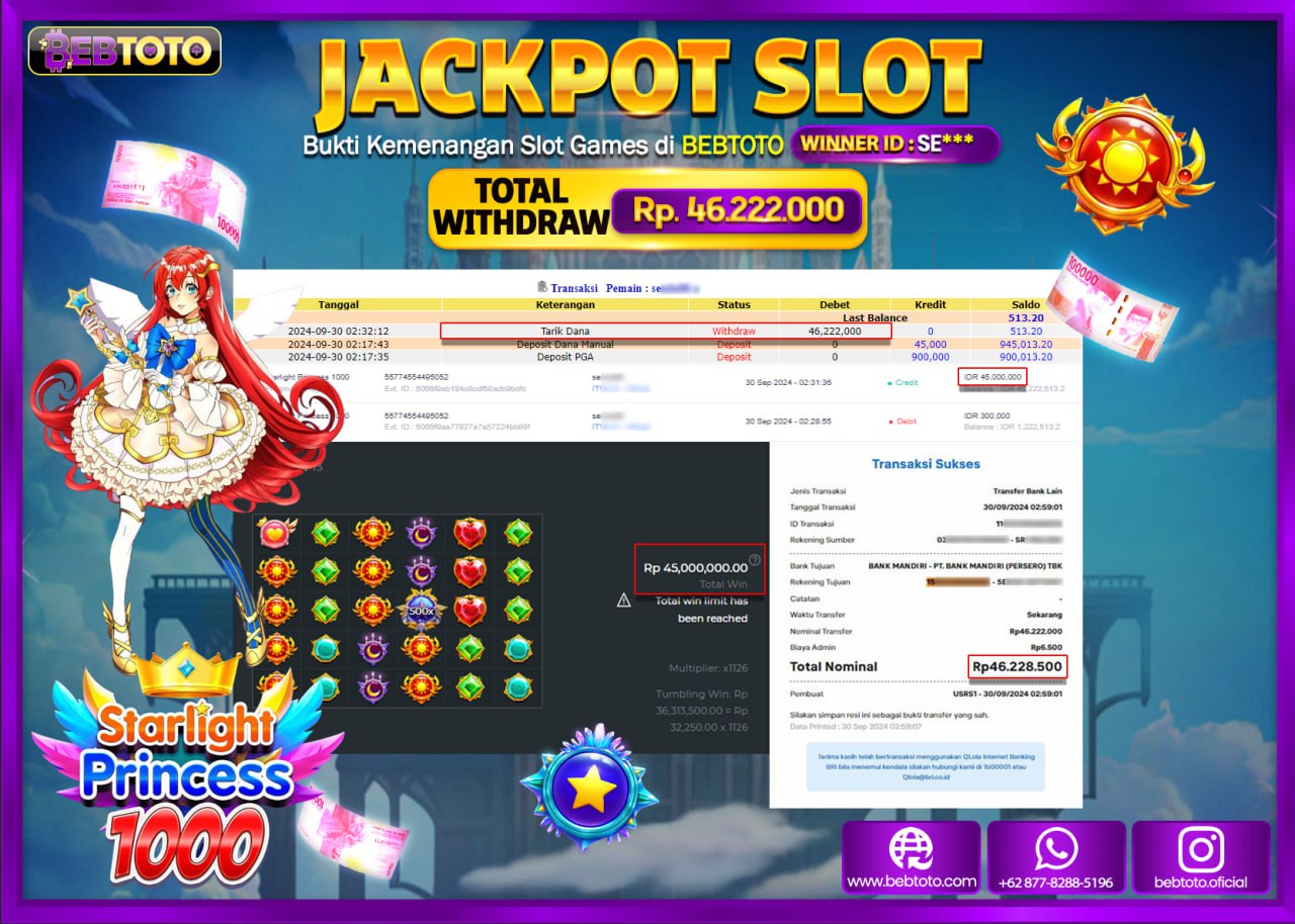JACKPOT SLOT BEBTOTO STARLIGHT PRINCESS 1000 Rp.46.222.000.,- LUNAS