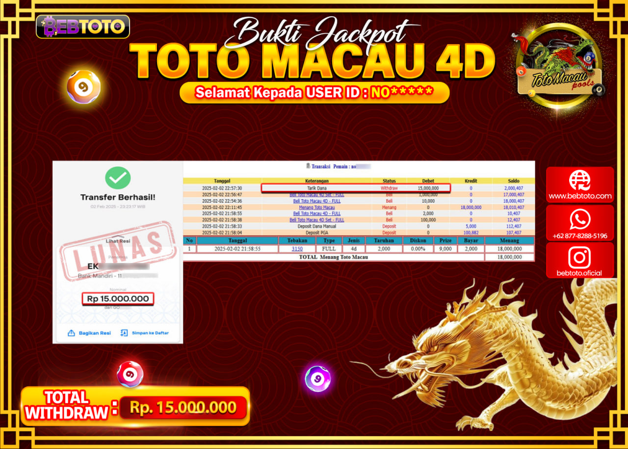 JACKPOT LIVE CASINO BEBTOTO TOTO MACAU 4D Rp.15.000.000.,- LUNAS