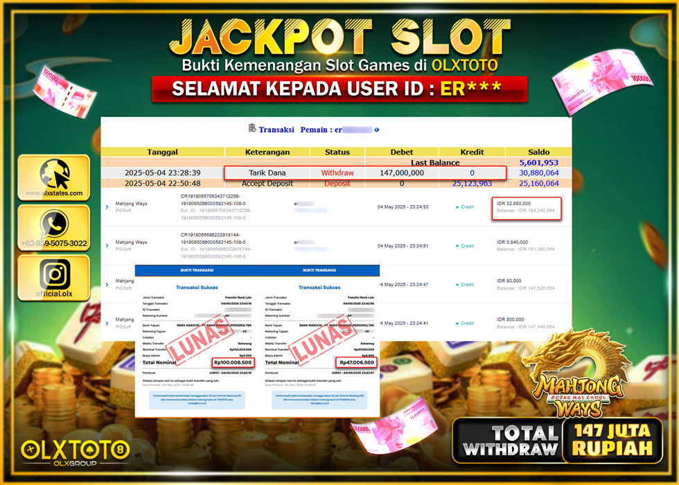 BINTANGSLOT77 JACKPOT SLOT MAHJONG WAYS Rp.147.000.000.,- LUNAS