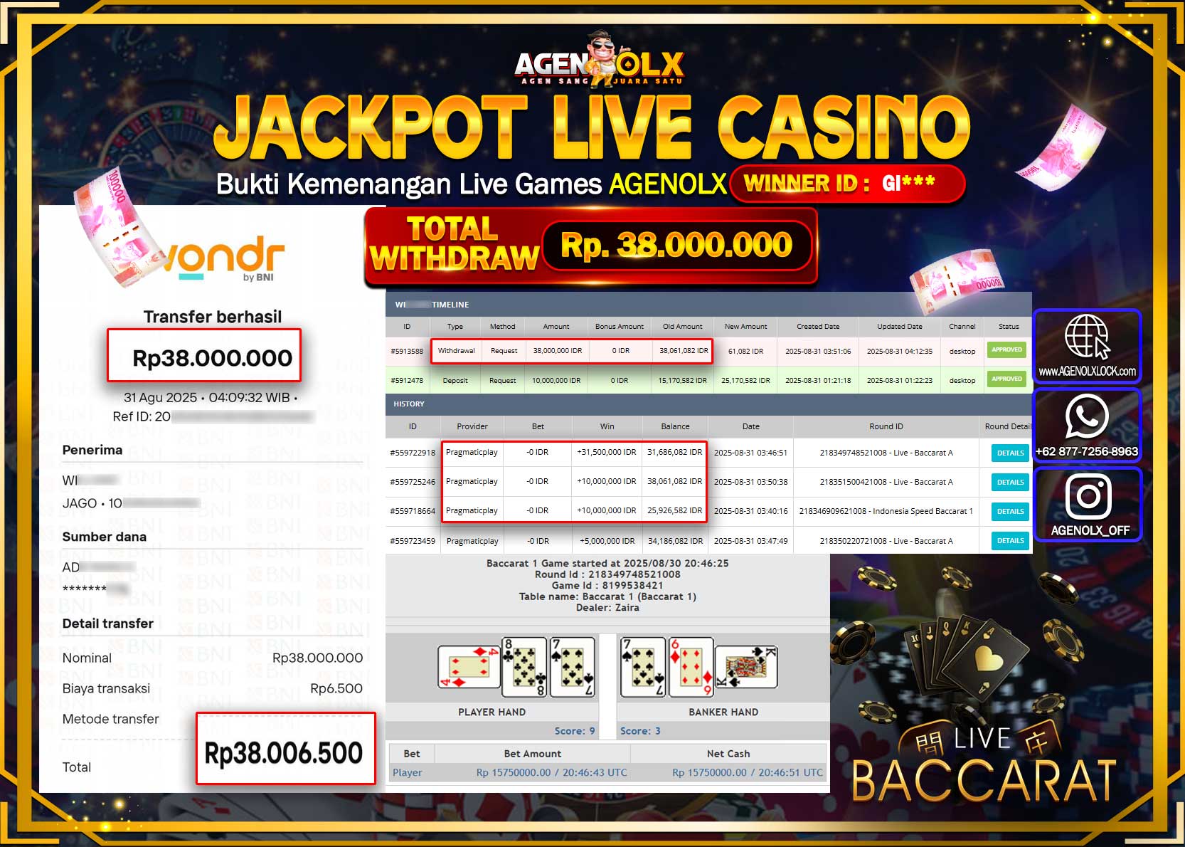 AGENOLX JACKPOT LIVE CASINO BACCARAT A Rp 38,000,000,- LUNAS
