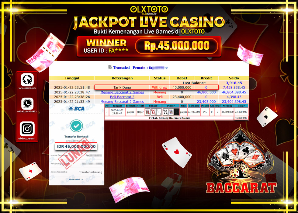 OLXTOTO JACKPOT  LIVE GAMES BACCARAT Rp.45.000.000.,- LUNAS