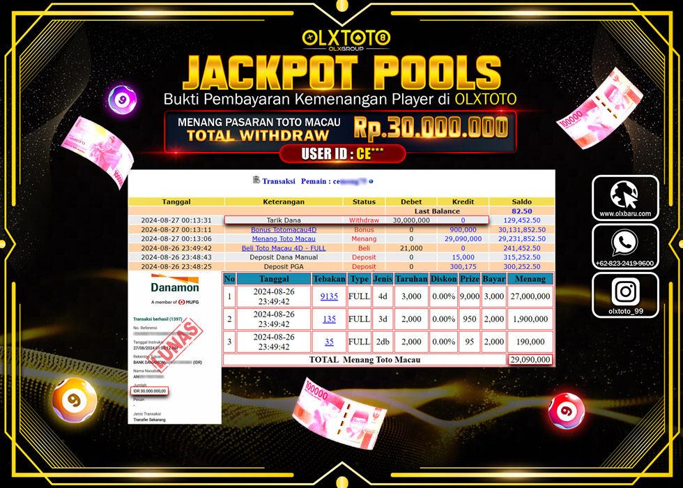 OLXTOTO JACKPOT  TOGEL POOL TOTO MACAU Rp.30.000.000.,- LUNAS