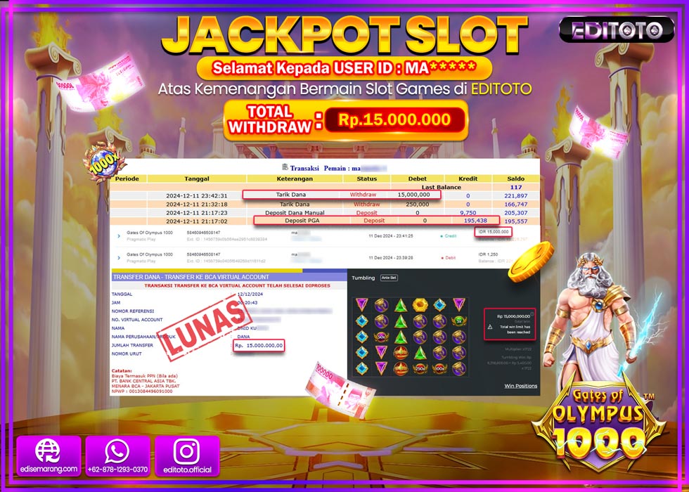 JACKPOT SLOT GATES OF OLYMPUS 1000 Rp.15.000.000.,- LUNAS