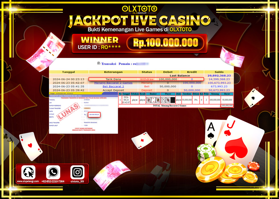 OLXTOTO JACKPOT LIVE GAMES BACCARAT 2  Rp.100.000.000.,- LUNAS
