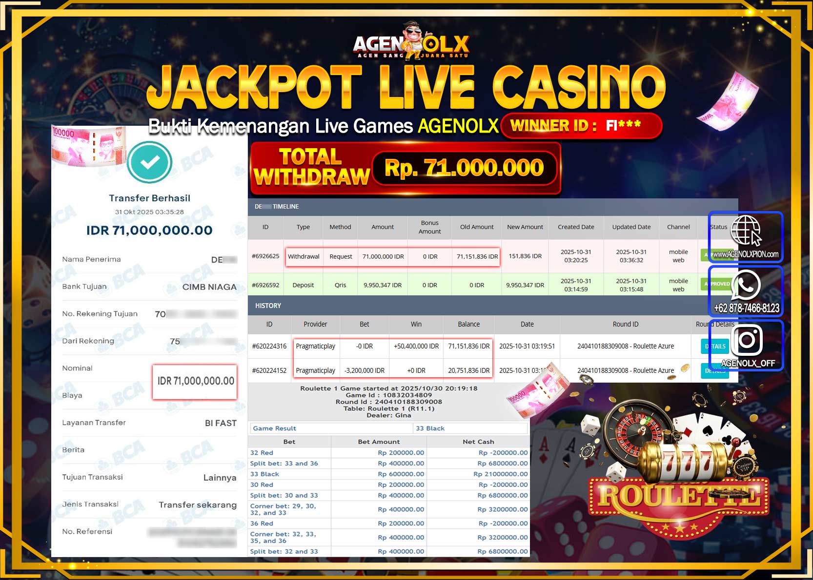 AGENOLX JACKPOT LIVE CASINO ROULETTE AZURE  Rp 71,000,000,- LUNAS