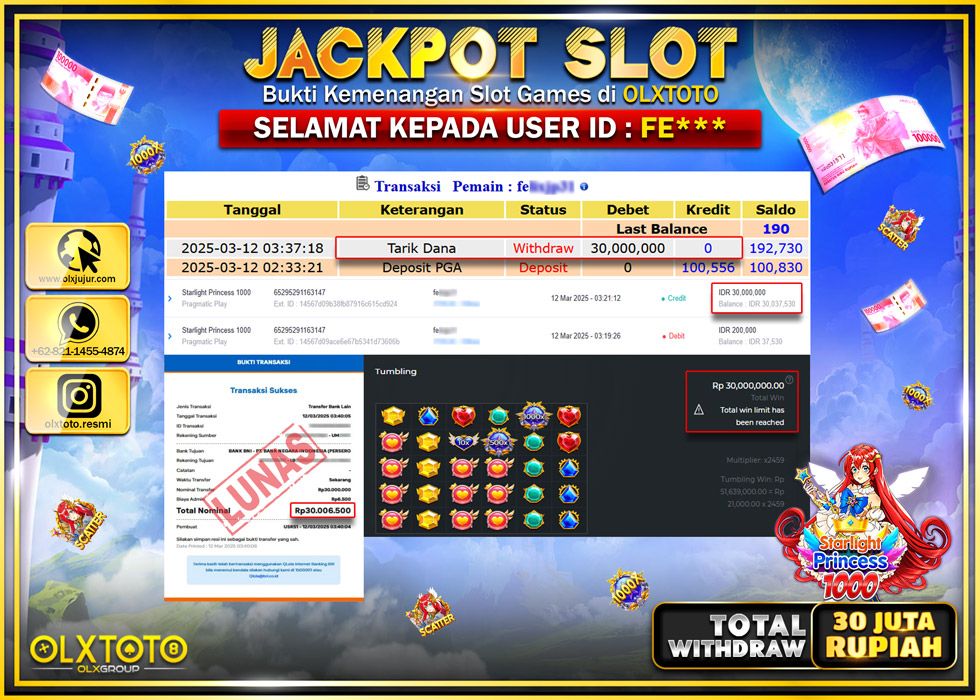 OLXTOTO JACKPOT STARLIGHT PRINCESS 1000 Rp.30.000.000.,- LUNAS