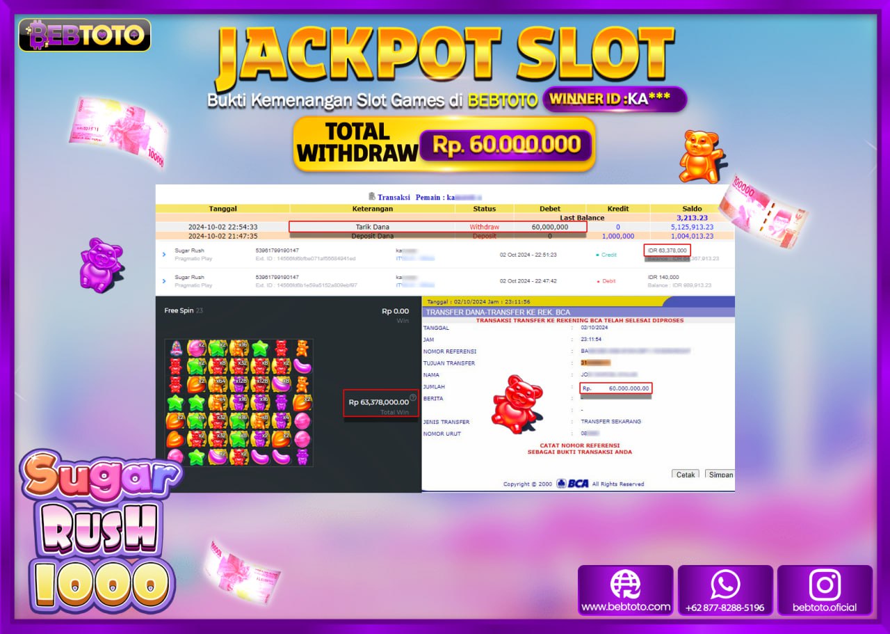 JACKPOT SLOT BEBTOTO SUGAR RUSH 1000 Rp.60.000.000.,- LUNAS