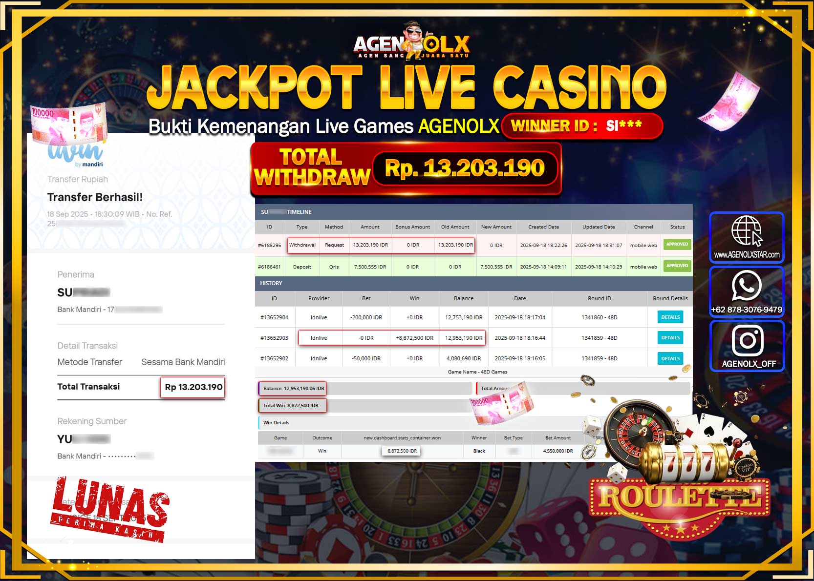 AGENOLX JACKPOT LIVE CASINO 48 D GAMES  Rp 13,203,190,- LUNAS