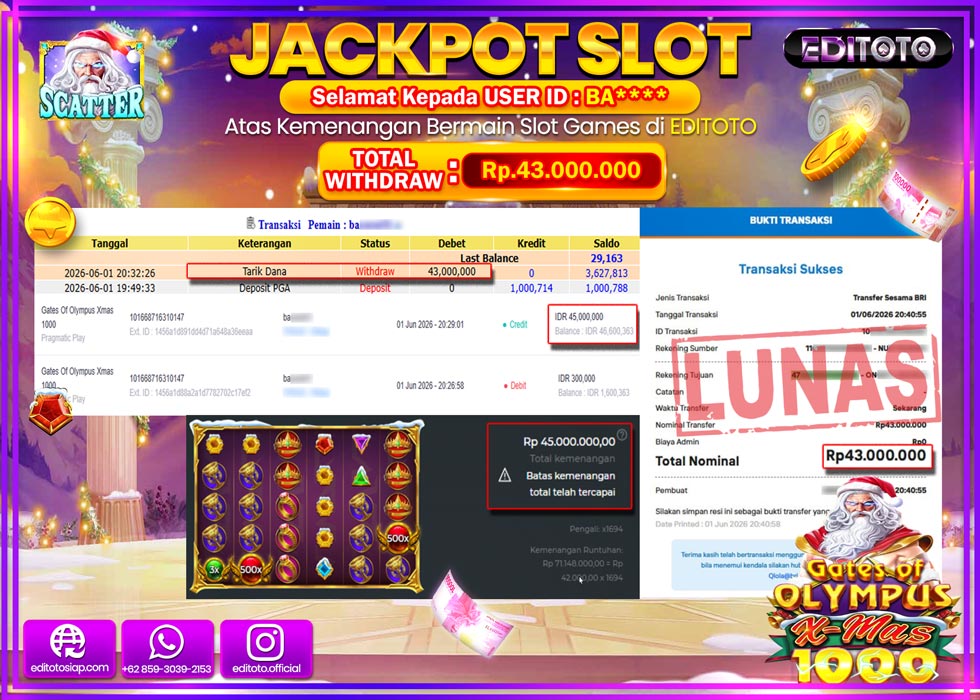 JACKPOT EDITOTO SLOT GATES OF OLYMPUS X-MAS 1000 Rp.43.000.000,- LUNAS