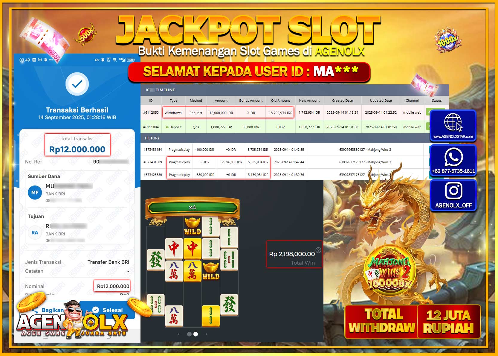 AGENOLX JACKPOT SLOT MAHJONG WINS 2  Rp 12,000,000,- LUNAS