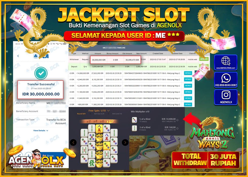 AGENOLX JACKPOT SLOT MAHJONG WAYS 2 Rp 30.000.000,- LUNAS