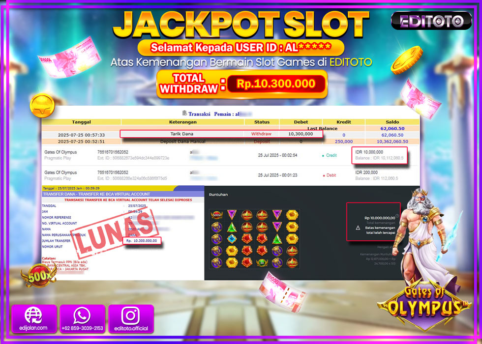 JACKPOT EDITOTO SLOT GATES OF OLYMPUS Rp.10.300.000,- LUNAS 