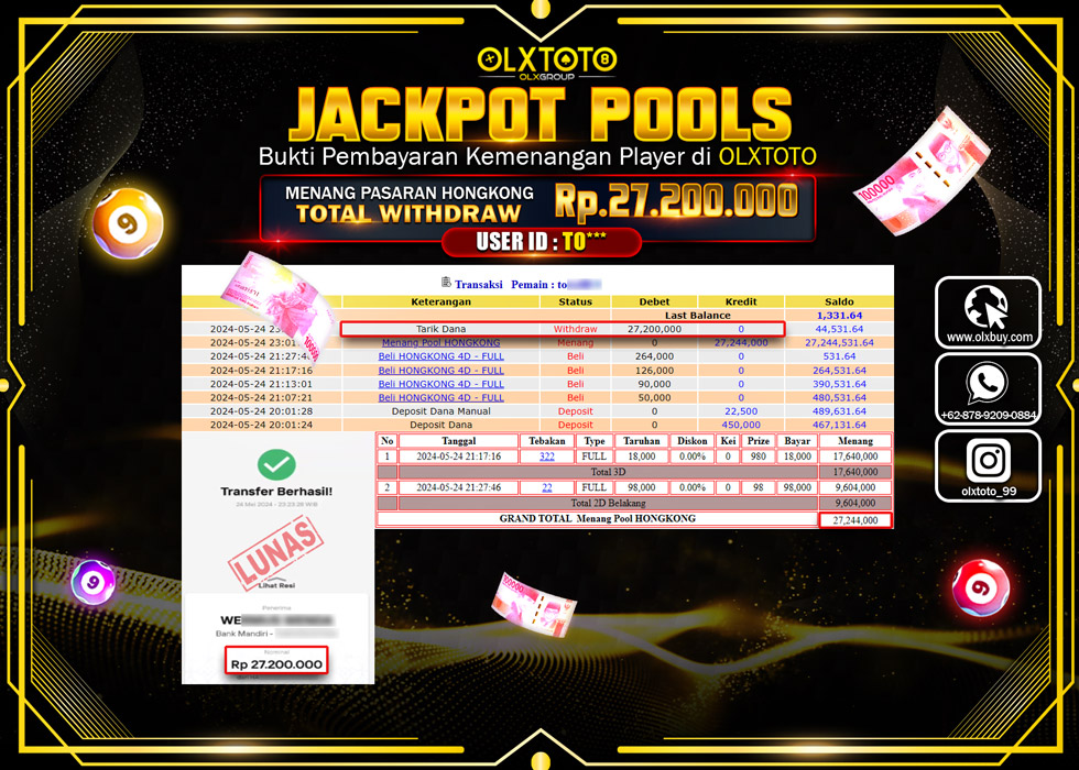 OLXTOTO JACKPOT TOGEL POOL HONGKONG  Rp.27.200.000.,- LUNAS