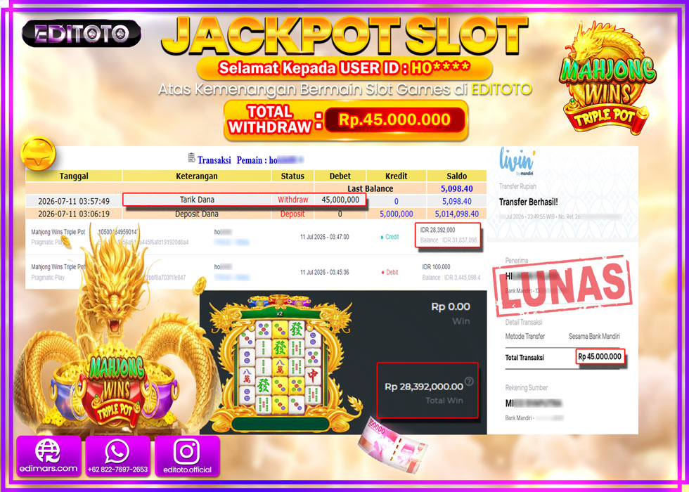 JACKPOT EDITOTO SLOT MAHJONG WINS TRIPLE POT Rp.45.000.000,- LUNAS