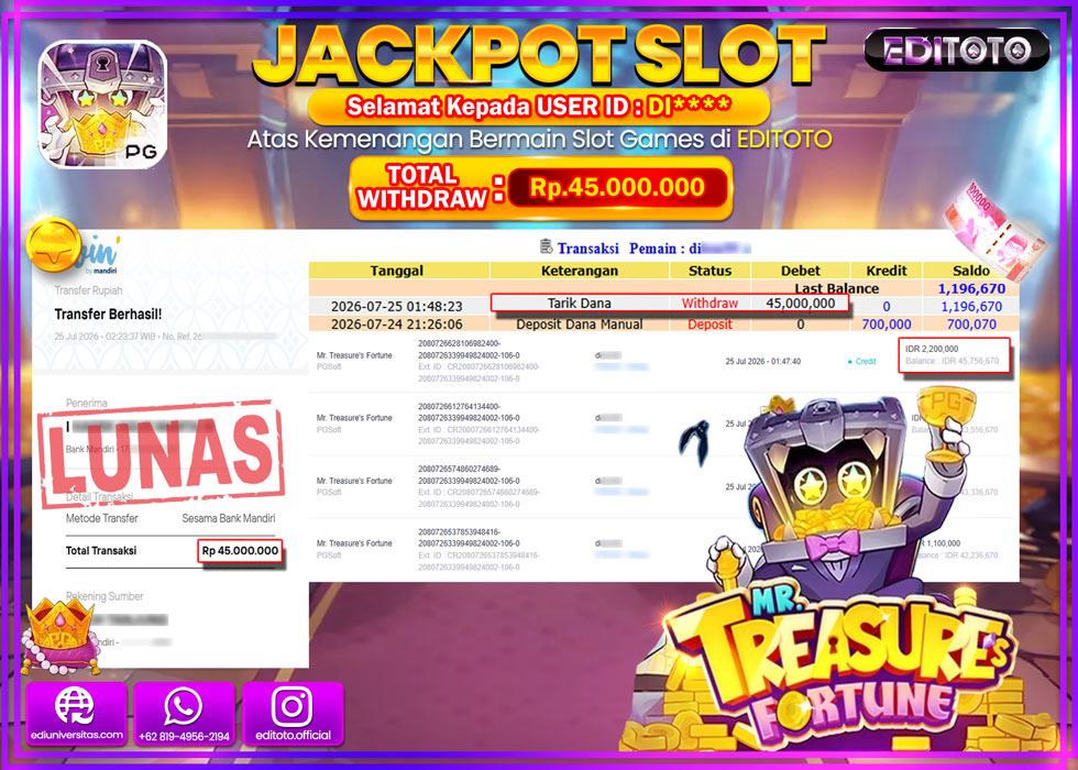 JACKPOT EDITOTO SLOT MR TREASURES FORTUNE Rp.45.000.000,- LUNAS