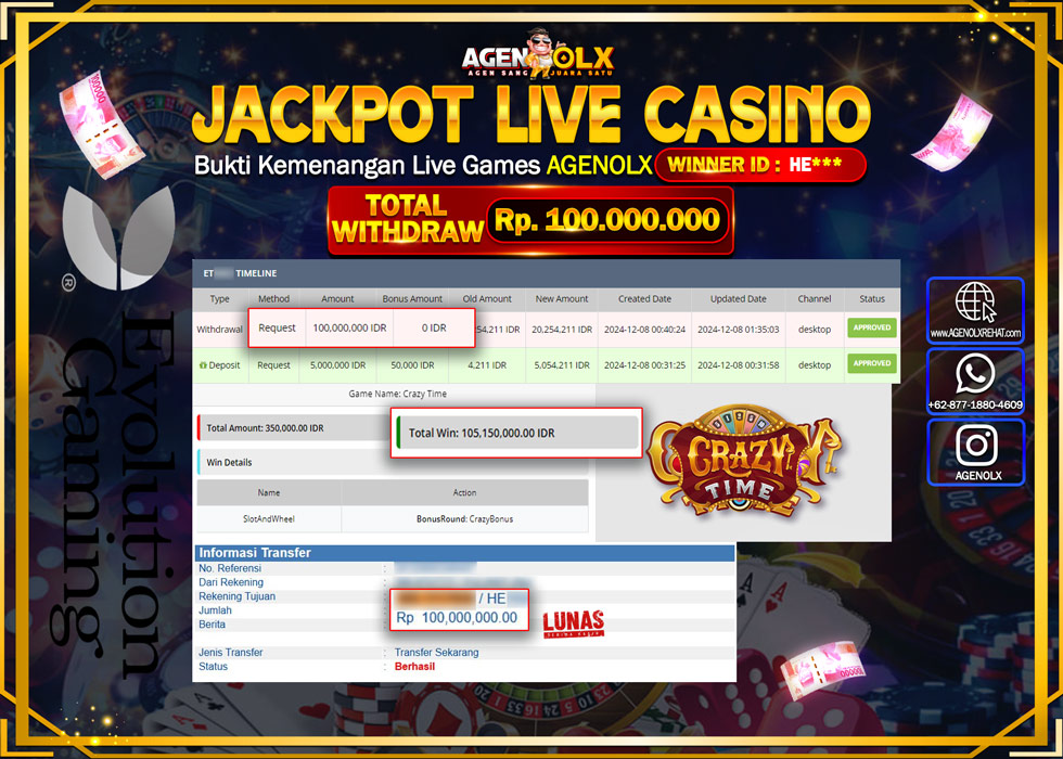 AGENOLX JACKPOT LIVE CASINO PROVIDER EVOLUTION GAME CRAZY TIME Rp 100.000.000,- LUNAS
