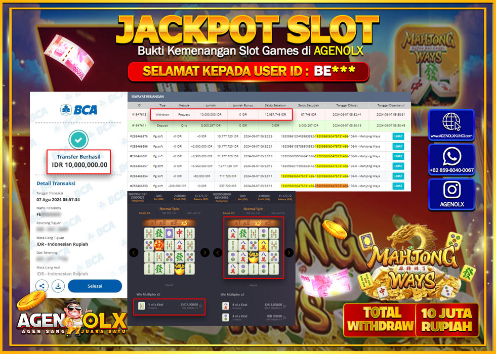 AGENOLX JACKPOT SLOT MAHJONG WAYS Rp.10.000.000,- LUNAS