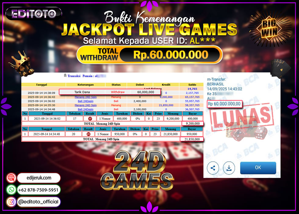 JACKPOT EDITOTO LIVE GAMES 24D GAMES Rp. 60.000.000.,- LUNAS