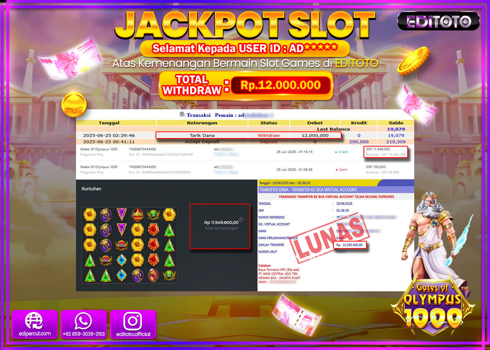 JACKPOT EDITOTO SLOT GATES OF OLYMPUS 1000 Rp.12.000.000,- LUNAS 