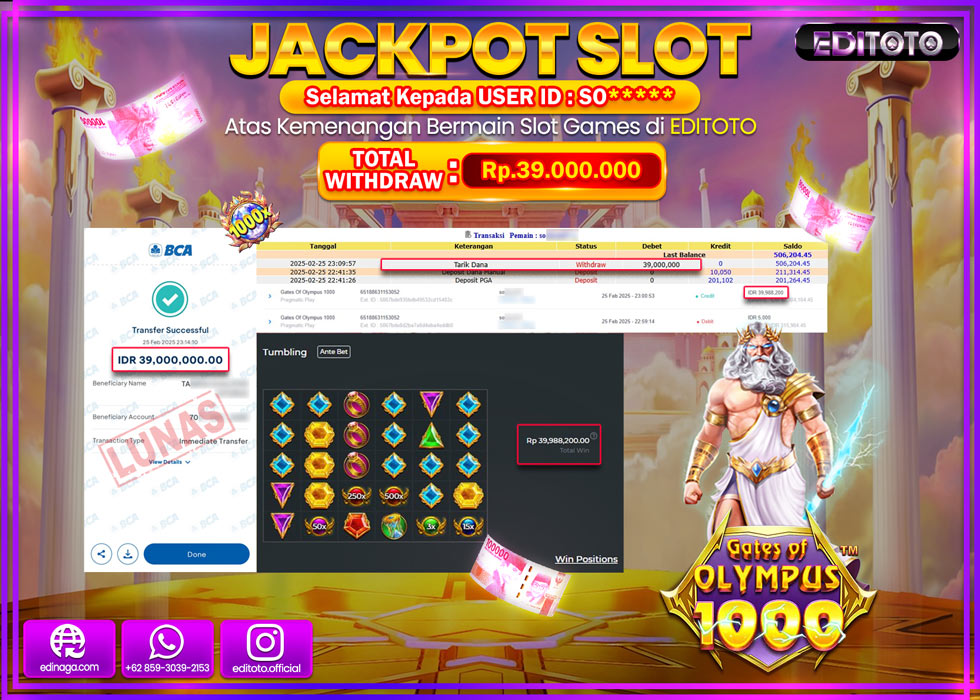 JACKPOT SLOT GATES OF OLYMPUS 1000  Rp.39.000.000.,- LUNAS