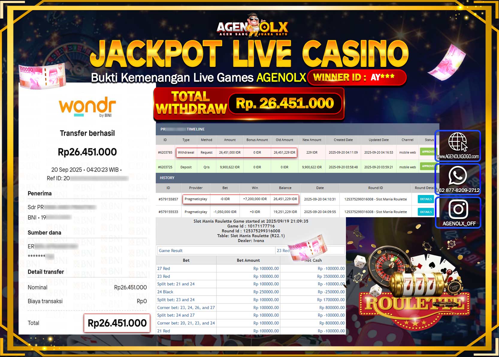 AGENOLX JACKPOT  LIVE CASINO SLOT  MANIA ROULETTE  Rp 26,451,000,- LUNAS
