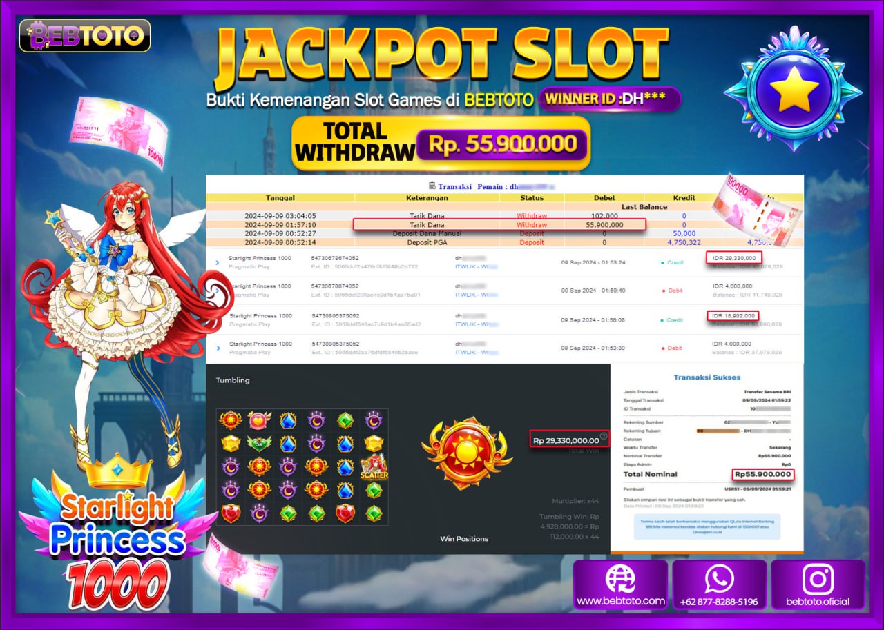JACKPOT SLOT BEBTOTO STARLIGHT PRINCESS 1000 Rp.55.900.000.,- LUNAS