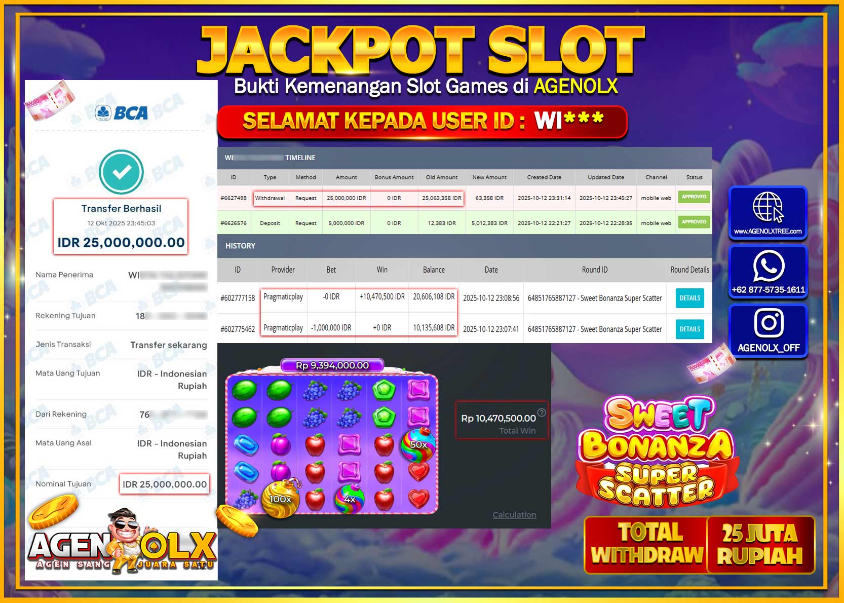 AGENOLX JACKPOT SLOT SWEET BONANZA Rp 25,000,000,- LUNAS