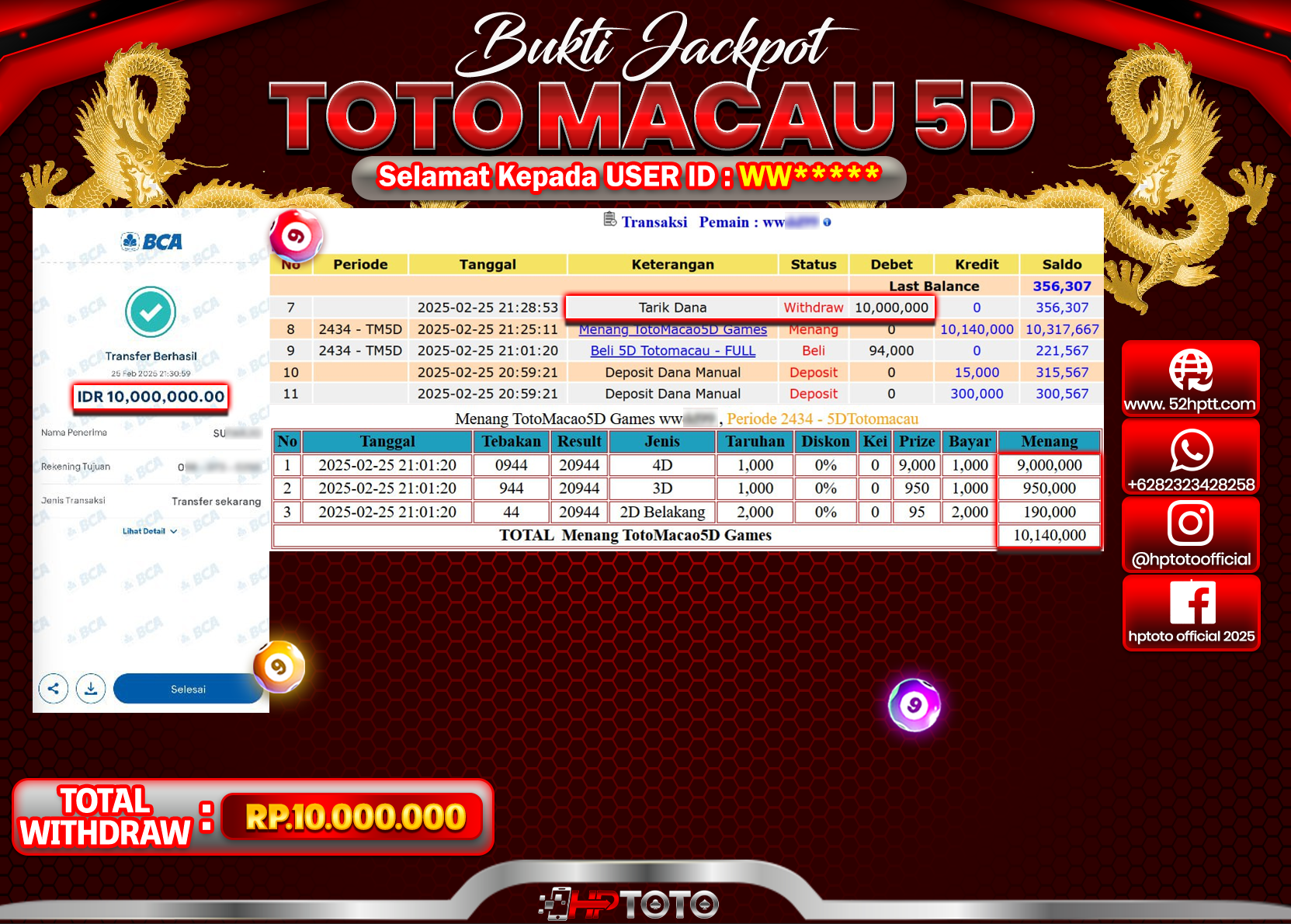 HPTOTO JACKPOT TOGEL PASARAN TOTOMACAU 5D Rp.19.500.000,- LUNAS