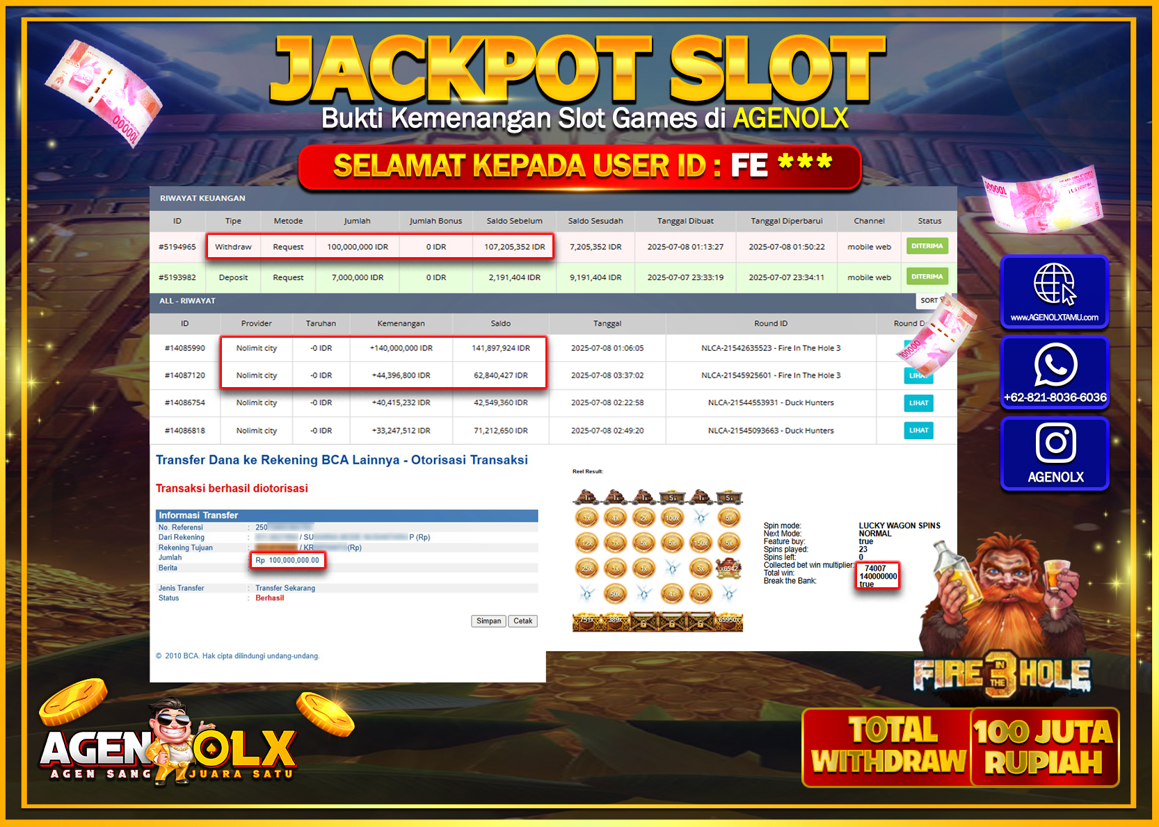 AGENOLX JACKPOT  SLOT FIRE IN THE HOLE 3  Rp 100.000.000,- LUNAS
