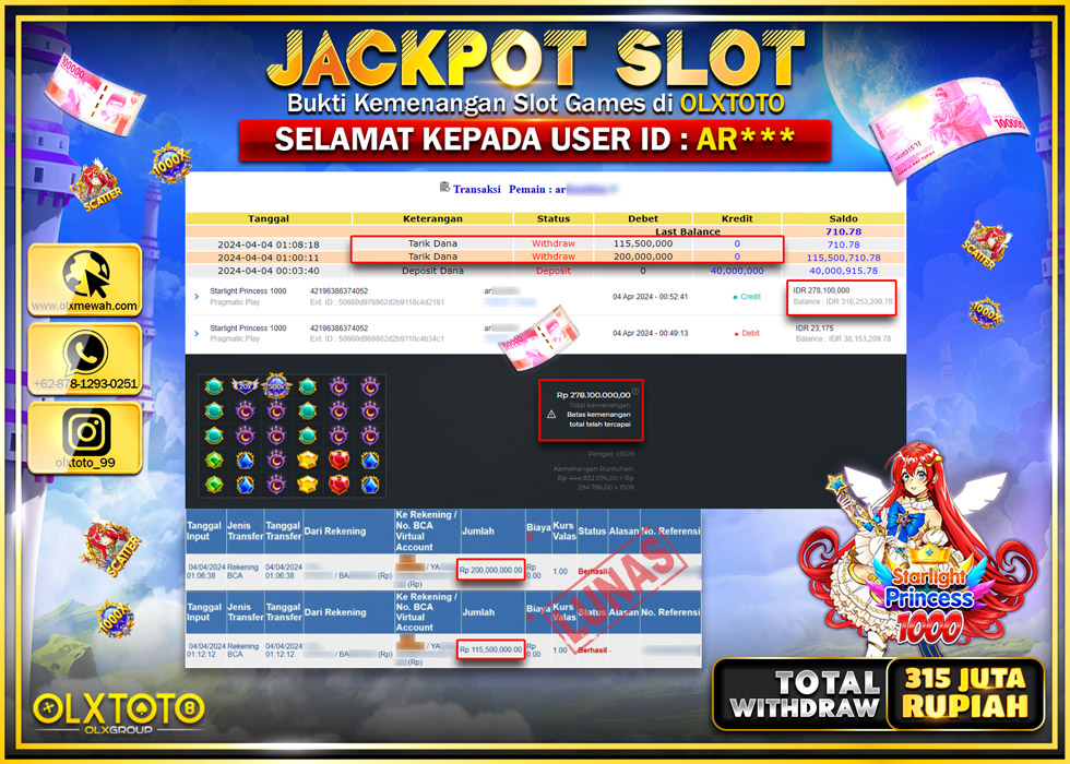 OLXTOTO JACKPOT SLOT STARLIGHT PRINCESS 1000  Rp.315.000.000.,- LUNAS